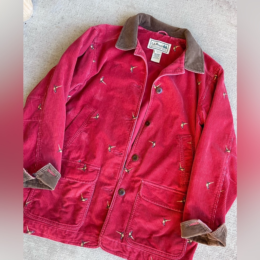 Vintage 90s LLbean corduroy red barn coat embroidered pheasant bird chore jacket - Picture 4 of 5